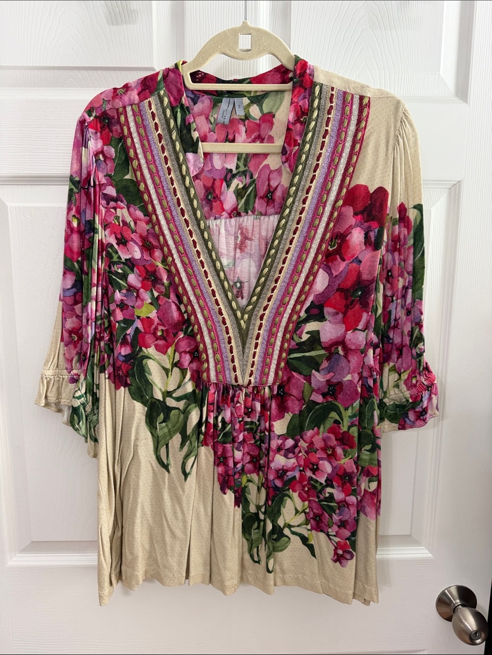 Floral V-Neck Tunic Top in Pink and Cream - Women's